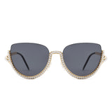 HJ3038 - Women Semi-Rimless Fashion Rhinestone Cat Eye Wholesale Sunglasses